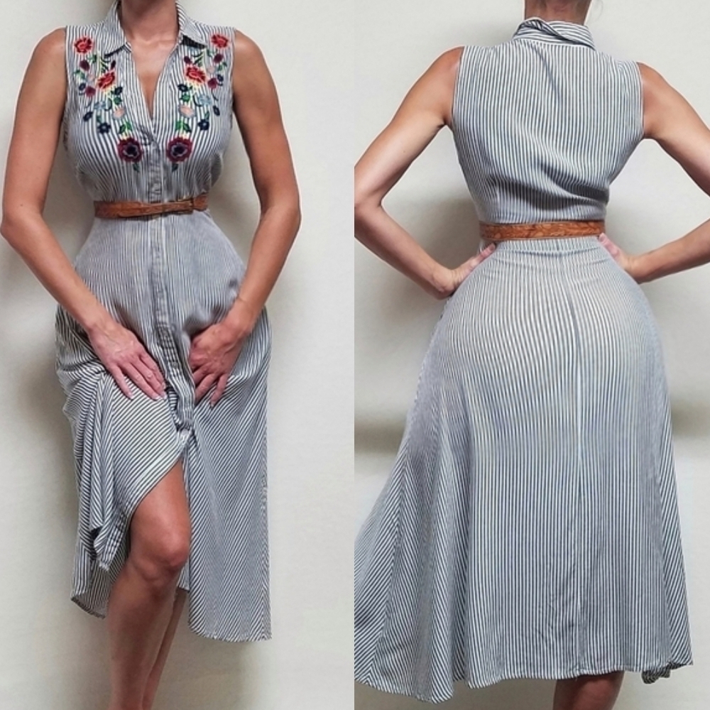Vintage Floral Embroidered Striped Sleeveless Maxi Dress Handtooled Leather Belt